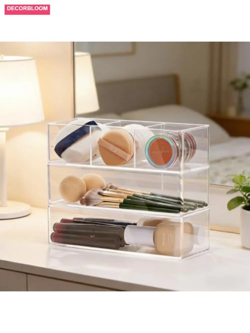 Clear Acrylic Stackable Makeup Organizer - 3 Compartment Cosmetic Storage for